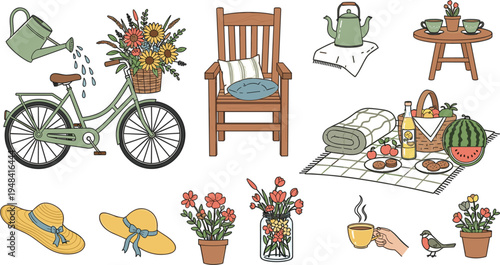Cozy Garden Lifestyle Vector Set with Bicycle Flowers Picnic Tea Table Watering Can Cottagecore Outdoor Relaxation Illustration decor, clipart, illustration, vector,