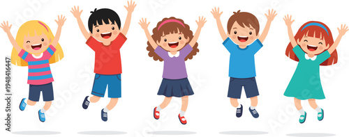 Group of happy multiethnic cartoon children jumping for joy, diverse kids celebrating with arms raised, childhood friendship vector, white background.