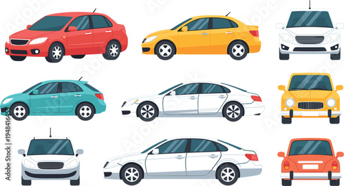 Passenger Car Collection Vector Set with Modern Sedans Front Side Rear Views Automobile Transport Vehicles Isolated Illustration