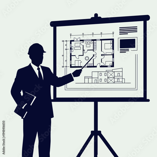 Businessman presenting building floor plan.