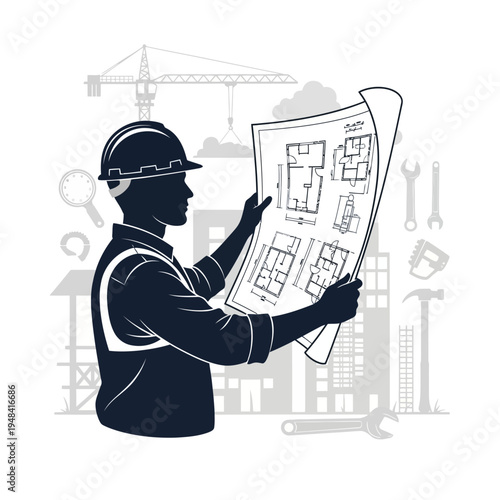 Construction worker holding building plans.