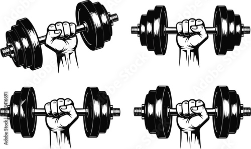 Dumbbell grip illustration set, strength fitness artwork, bodybuilding vector design, bold graphic icon, black white workout symbol