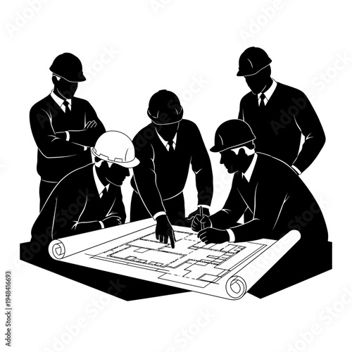 Businessmen in hard hats discussing plans.