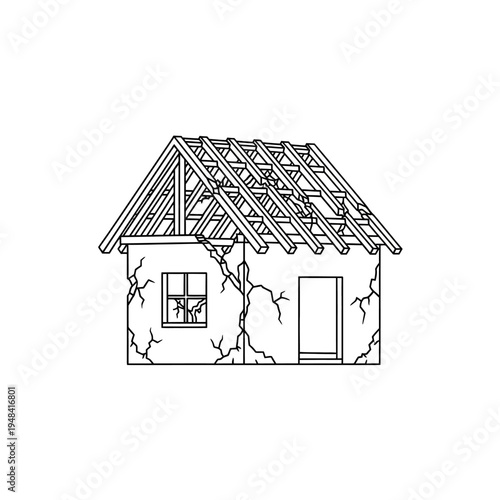 Damaged house with broken roof structure.