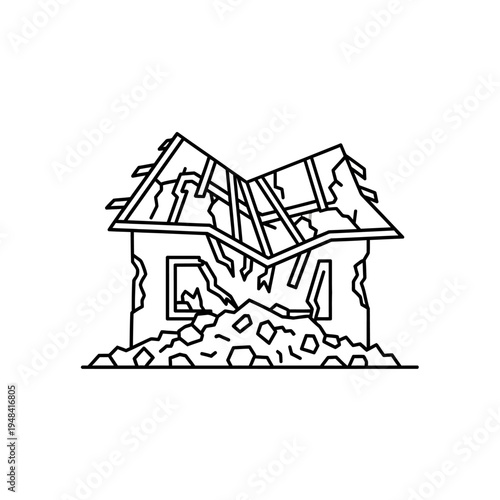 Damaged house with broken roof.