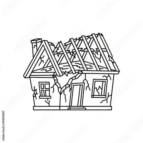 Damaged house with broken roof structure.