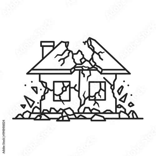 Damaged house with broken walls falling.