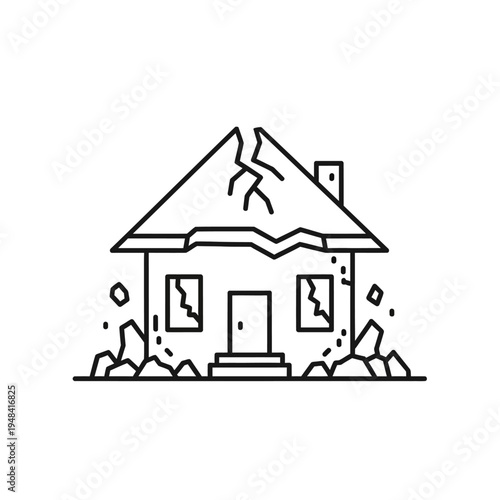 Damaged house with broken windows and roof.