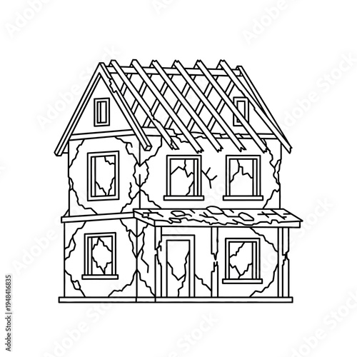 Damaged house with broken windows exterior.