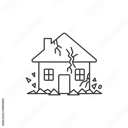 Damaged house with cracked walls and roof.