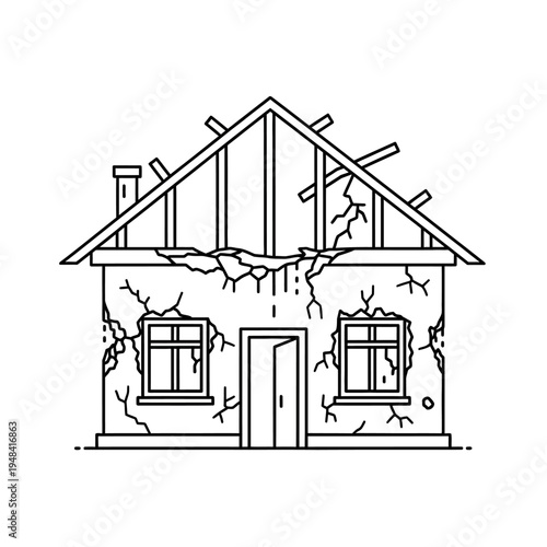 Damaged House with Cracked Walls and Roof.