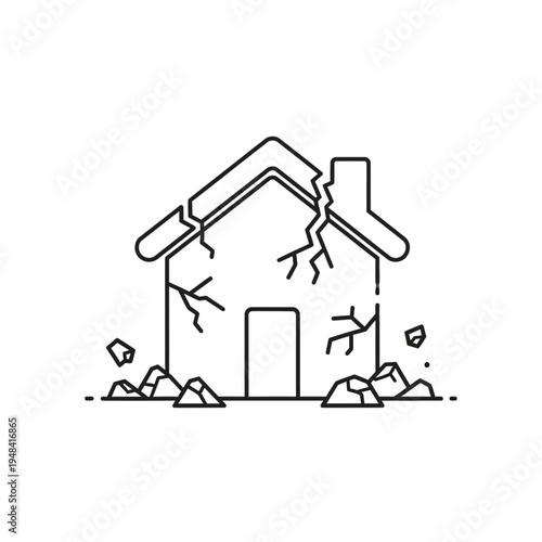 Damaged House with Cracks and Rubble.