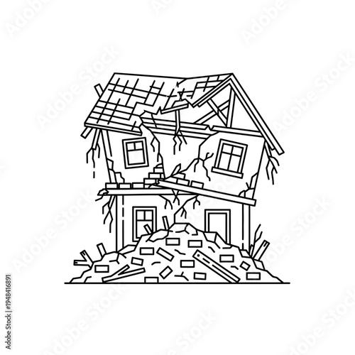 Damaged house with rubble and debris.