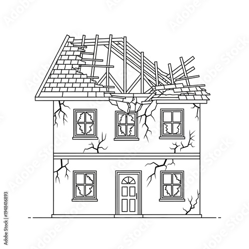 Damaged house with missing roof parts.