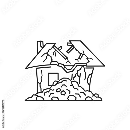 Damaged house with rubble pile.