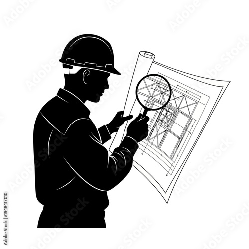 Man wearing hard hat examining blueprint.