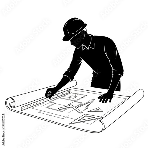 Man wearing hard hat working drawing.