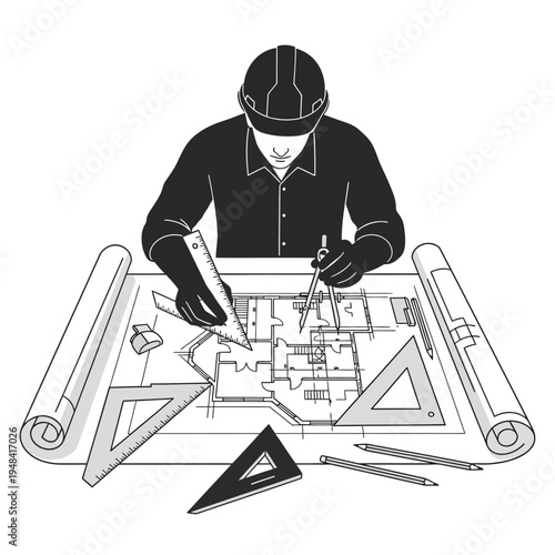 Man wearing hard hat working drawing.