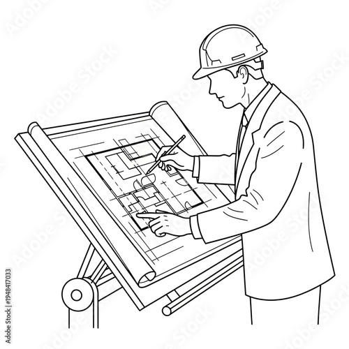 Man wearing hardhat drawing on blueprint.