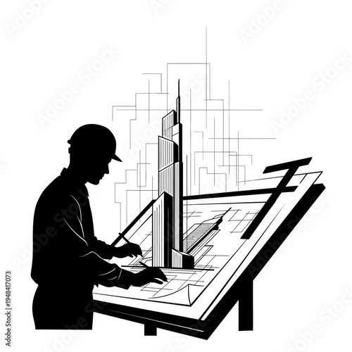 Man wearing hardhat working on blueprint.