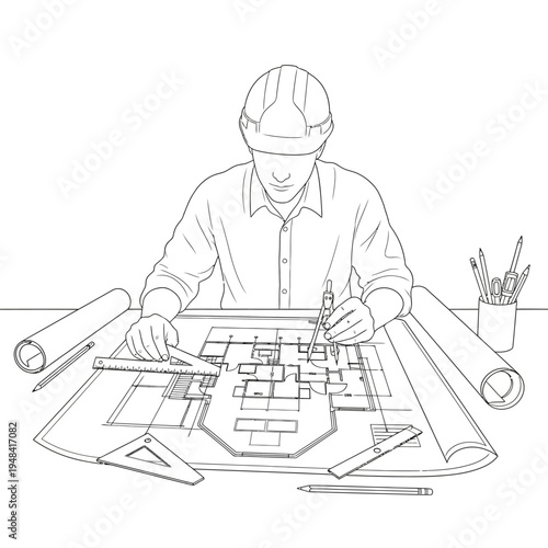 Man wearing hardhat working on blueprint.