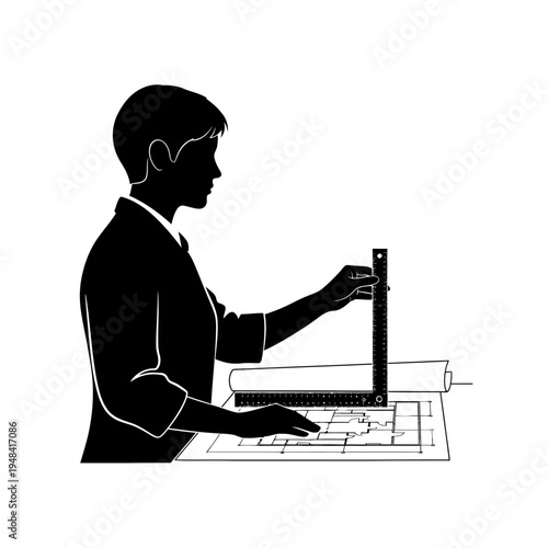 Man working with architectural drawing tools.