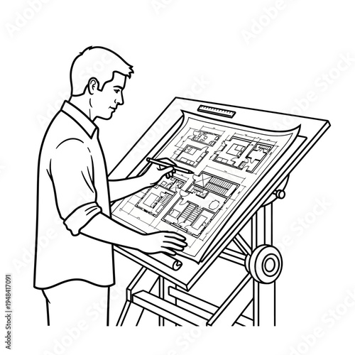 Man working on drafting table blueprint.
