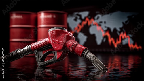 fuel pump nozzle, global oil price crisis concept, oil barrels, world map background, cargo ships, rising stock market chart symbolizing increasing oil prices, global economy and energy crisis theme