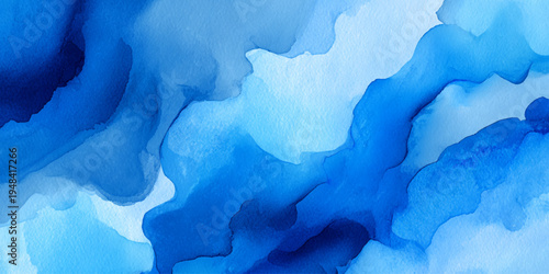 Blue ocean watercolor background with smooth flowing wave texture and artistic aqua paint illustration.