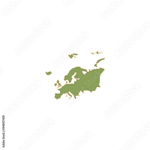 Flat graphic illustration of the European continent with parts of Asia highlighted in green representing geography and global regions.