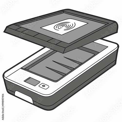 Fingerprint reader scanner with open lid and white background biometric security identification