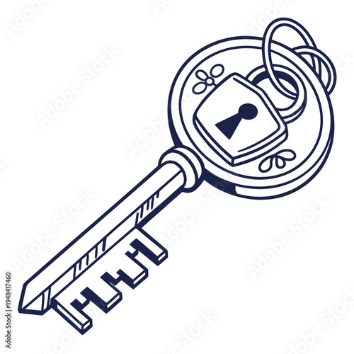 Large key with lock on white background security