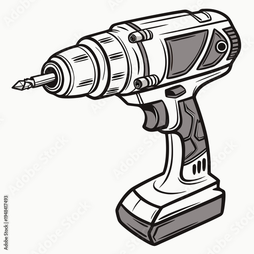 Cordless drill with battery and screwdriver bit on white background tool