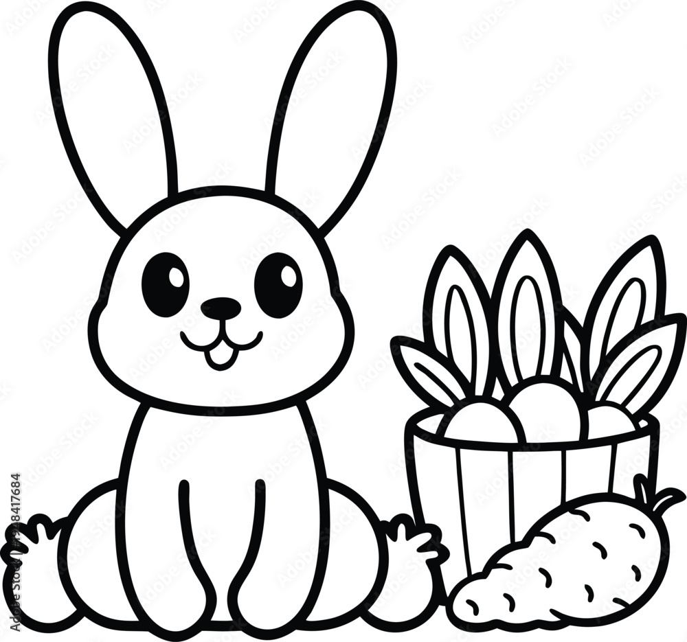 Obraz premium Cute cartoon rabbit with basket of eggs and strawberry
