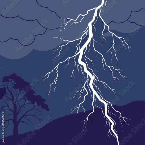 Lightning striking the ground with a tree in the background at night storm hill