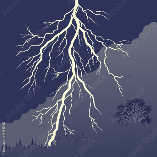 Lightning striking the ground with trees in the background at night storm forest