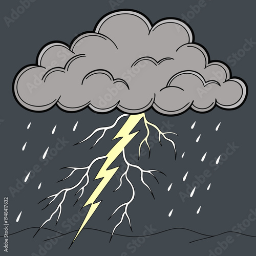Gray storm cloud with yellow lightning bolt and rain