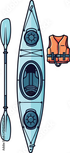 Modern Illustrated Kayaking Gear Set with Paddle and Life Vest