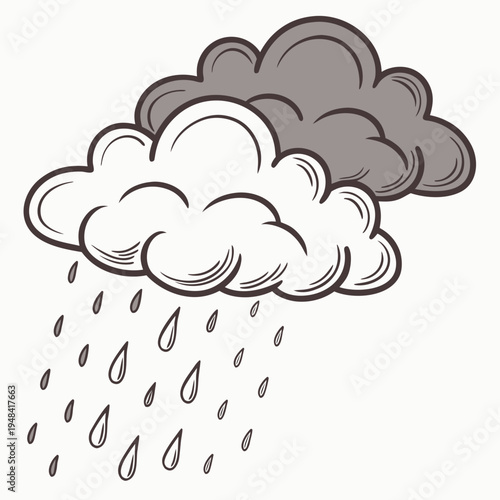 White and gray cartoon cloud with raindrops falling