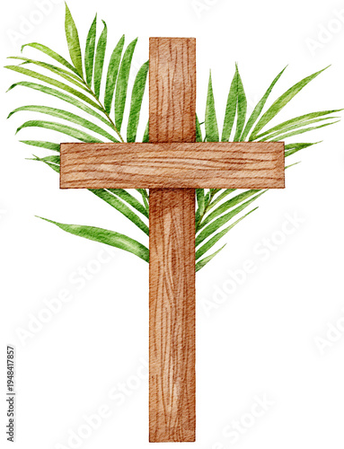 Quadro su tela Wooden cross with green palm frond behind