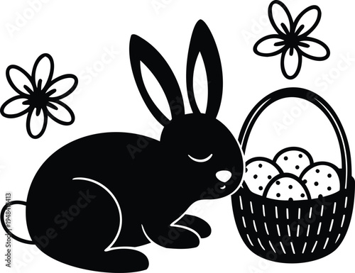 Black silhouette of a rabbit with easter eggs in a basket