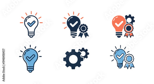 Collection of light bulb and gear icons symbolizing ideas, solutions, and innovation for business and technology