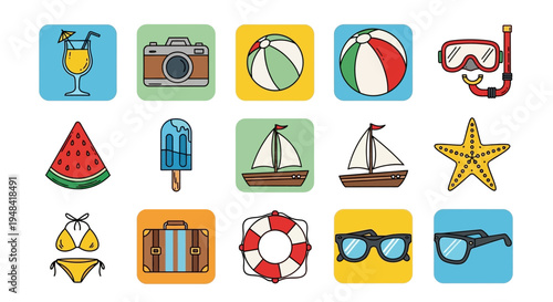 Summer vacation icons and symbols for travel, beach, and recreation with drinks, swimwear, and photography