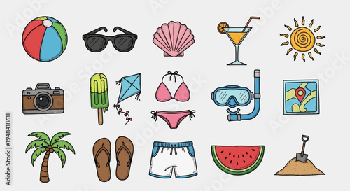 Set of summer vacation icons with beach essentials, clothing, and travel gear, perfect for graphic design projects
