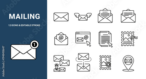 Versatile collection of line art icons representing mailing, email communication, and postal services, ideal for modern digital design projects