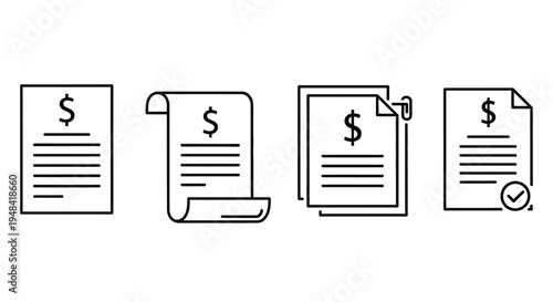 Collection of four icons representing financial documents, invoices, receipts, and legal papers with dollar signs and checkmarks
