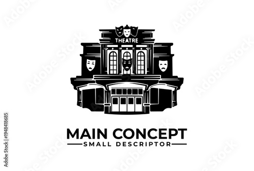 Theatre building facade with masks icon is presented as black vector silhouette sketch engraving logo illustration on white background for World Theatre Day performing arts culture
