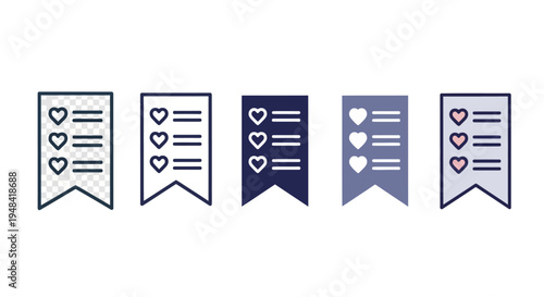 Set of five different styled bookmark icons with heart symbols and lines, representing a list or checklist with favorite items