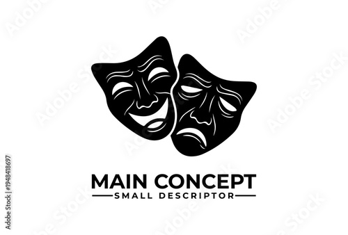 Classic comedy and tragedy masks forming dramatic symbol are presented as black vector silhouette sketch engraving logo illustration on white background for World Theatre Day theatre concept