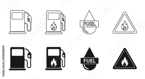Fuel Icons Set Gasoline Pump, Fuel Drop, and Warning Sign